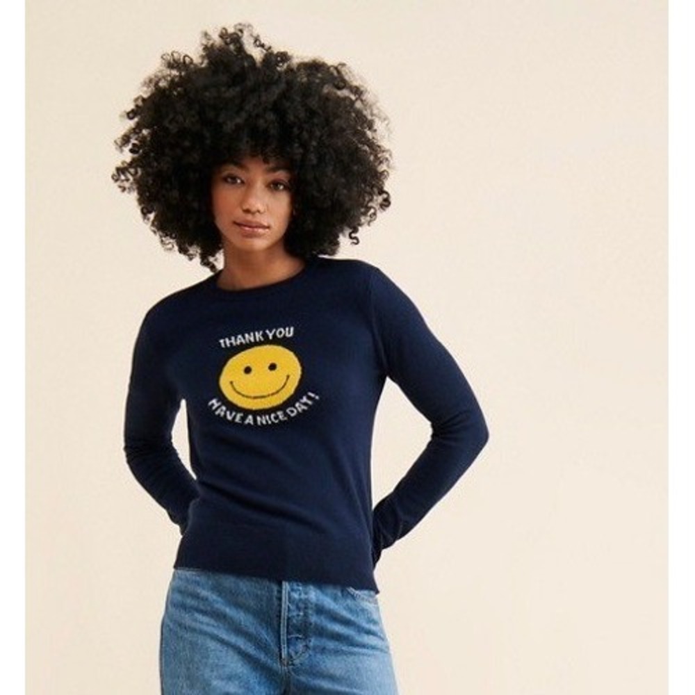 KULE Navy Blue 100% Cashmere Takeout Smiley Face Graphic Sweater Large